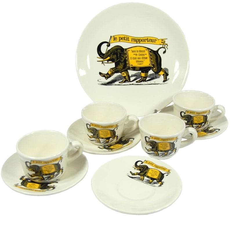 Coffee set TF1, white yellow black, faience, France, 1970s.