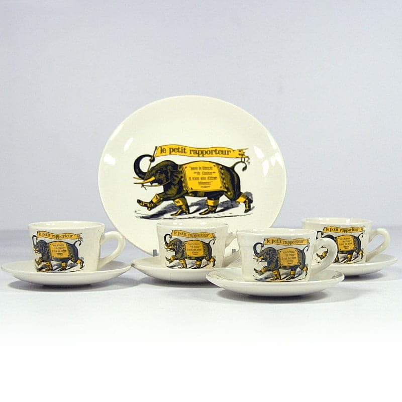 Coffee set TF1, white yellow black, faience, France, 1970s. - 323617