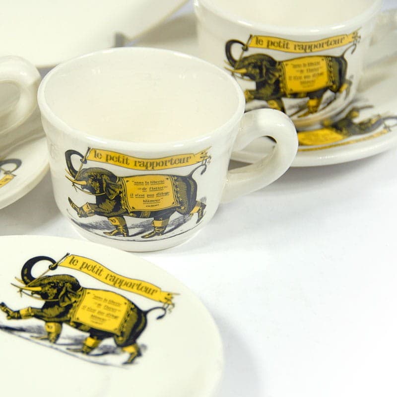 Coffee set TF1, white yellow black, faience, France, 1970s. - 323618