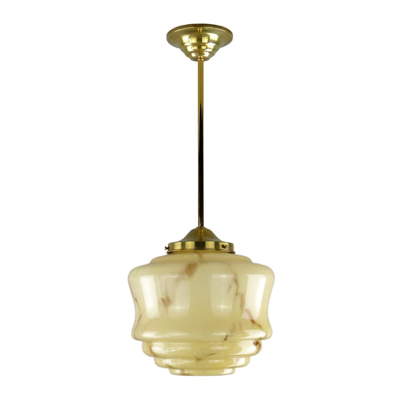 Pendant lamp Art Deco, beige glass, brass, Poland, 1920s.
