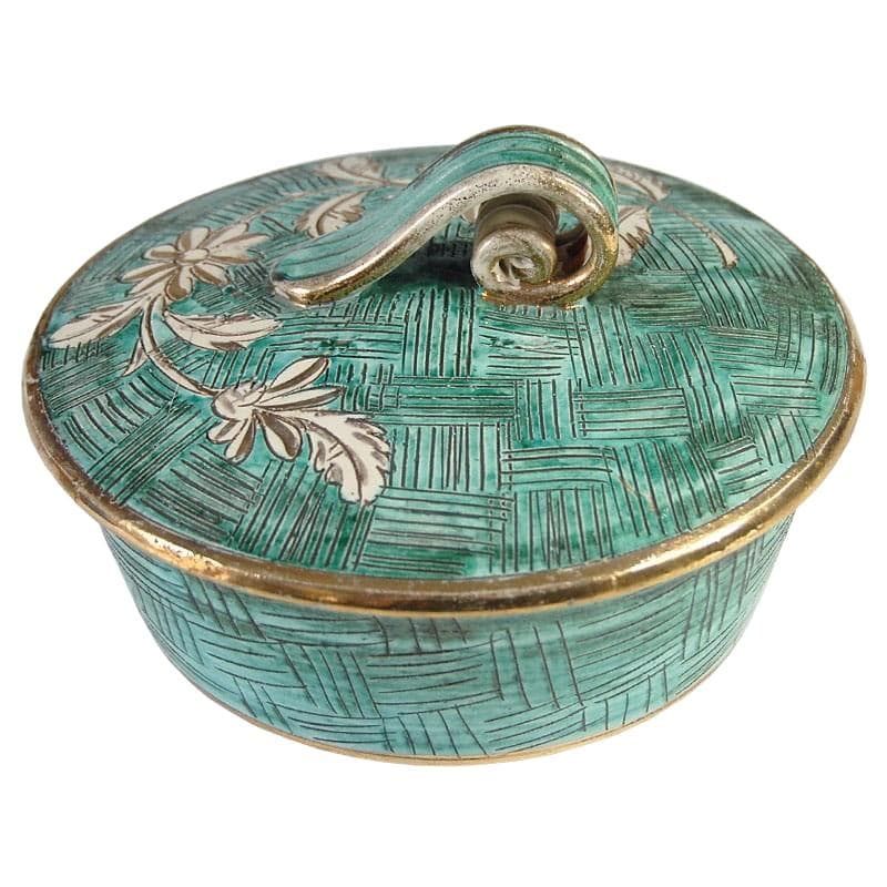 Ceramic container, turquoise green, gold accents, Italy, 1950s.