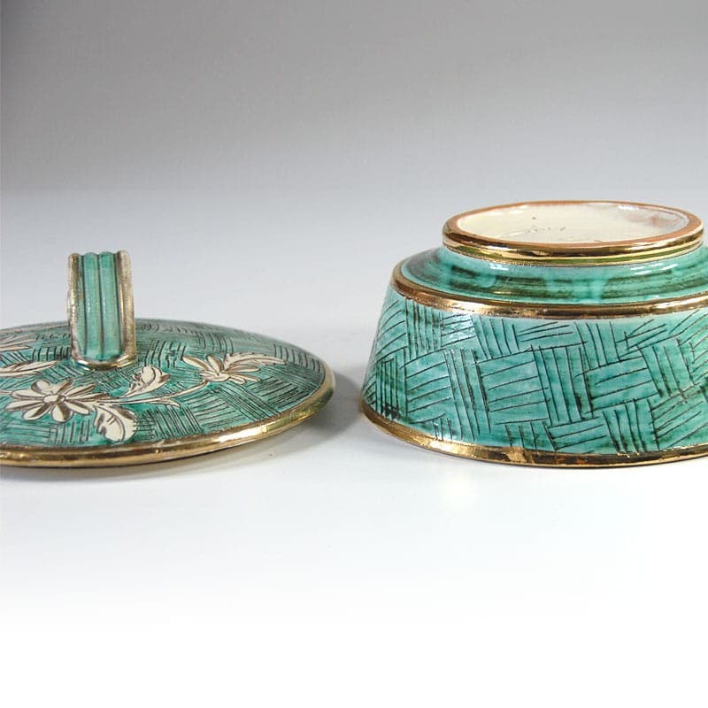 Ceramic container, turquoise green, gold accents, Italy, 1950s. - 323560