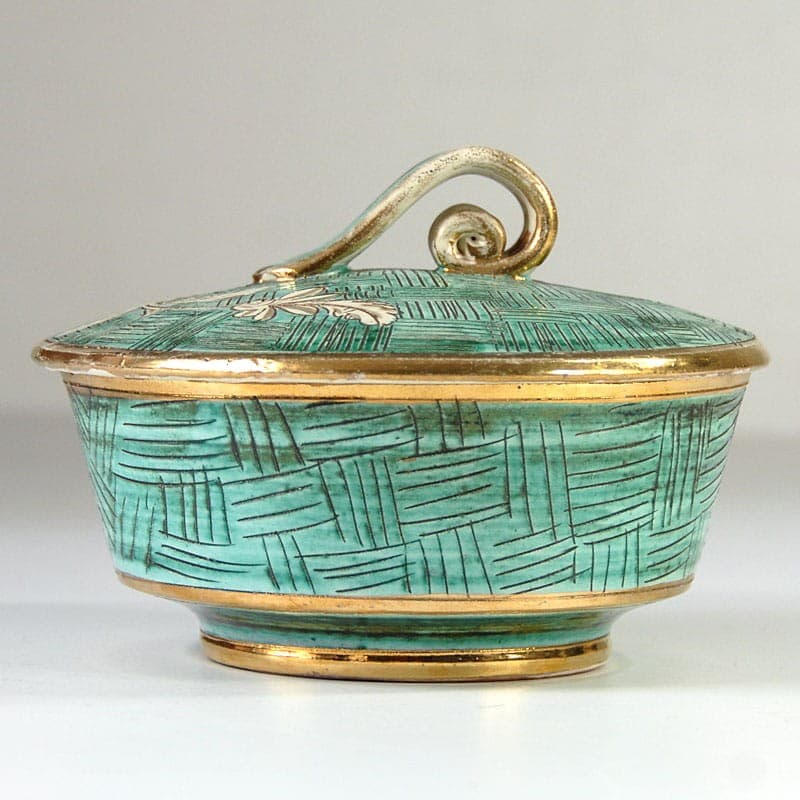 Ceramic container, turquoise green, gold accents, Italy, 1950s. - 323558