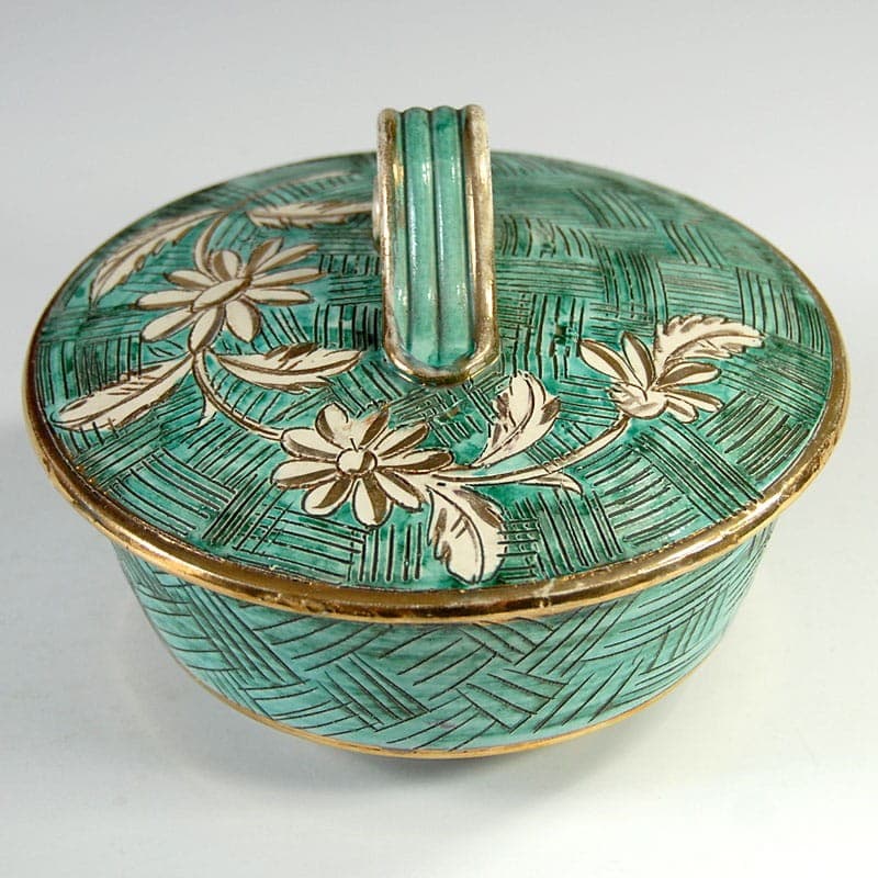Ceramic container, turquoise green, gold accents, Italy, 1950s. - 323557