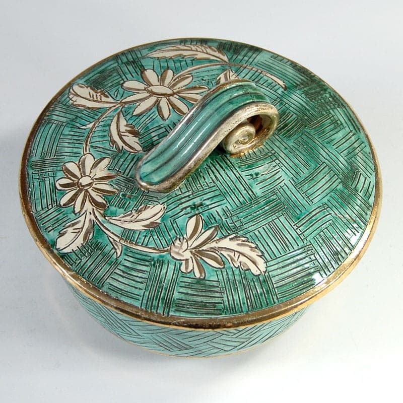 Ceramic container, turquoise green, gold accents, Italy, 1950s. - 323559