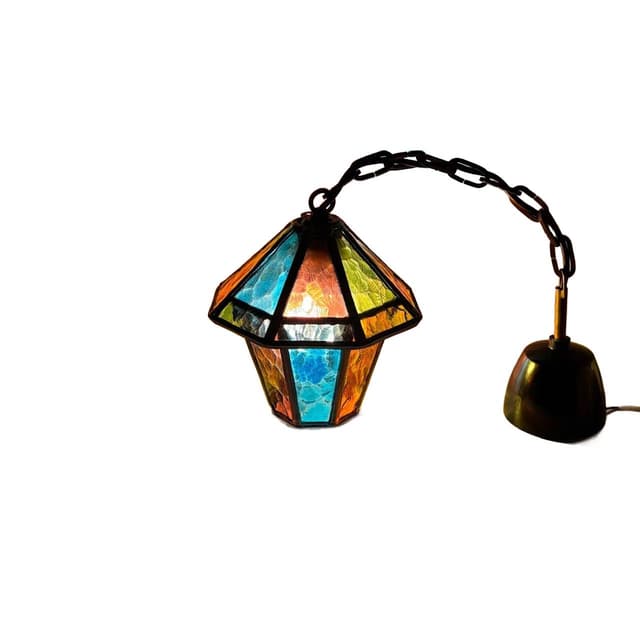 Lampa wisząca witrażowa, multikolor, szkło, metal, bakelit, Dania, lata 70. - WYMIARY
