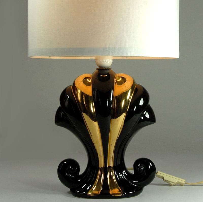 Lampa stołowa, ceramika czarna złota, Francja, lata 80. - 324086