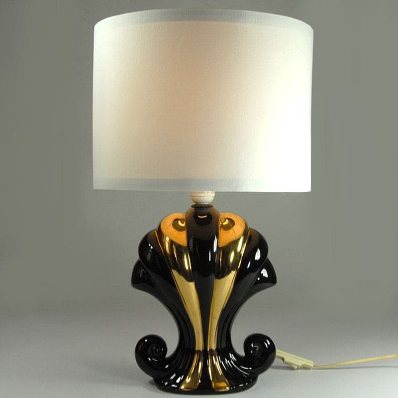 Lampa stołowa, ceramika czarna złota, Francja, lata 80. - 324083