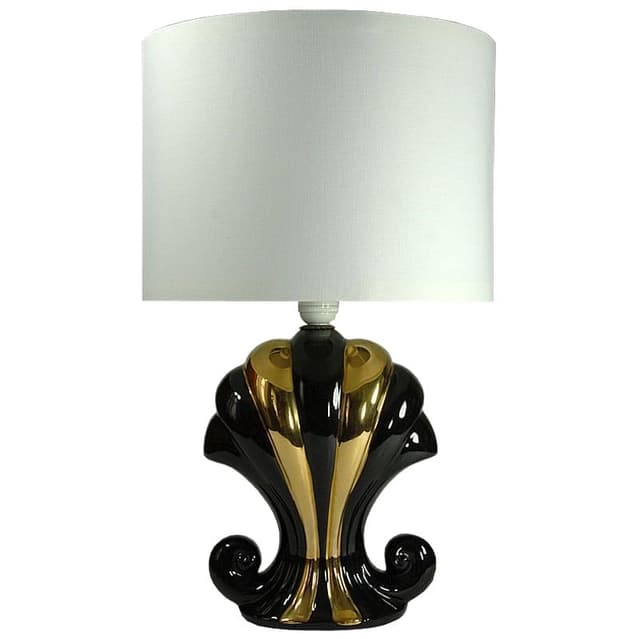 Lampa stołowa, ceramika czarna złota, Francja, lata 80. - WYMIARY