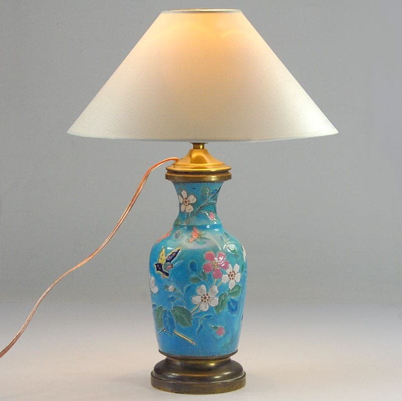 Lampa stołowa, japońska emalia, turkusowy multikolor, metal szkło kolorowe mosiądz, lata 50. - 324072