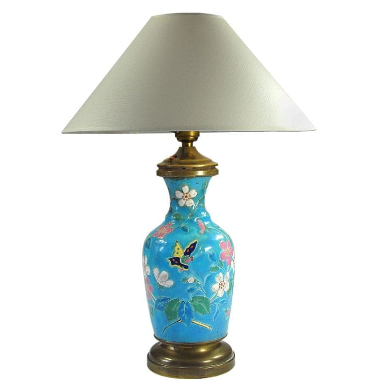 Lampa stołowa, japońska emalia, turkusowy multikolor, metal szkło kolorowe mosiądz, lata 50. - 324075