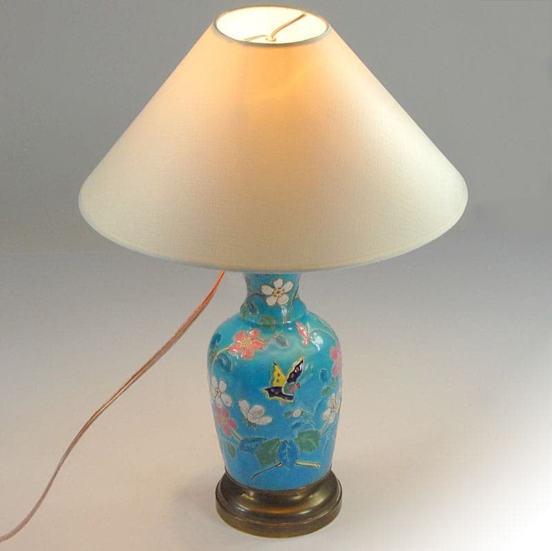 Lampa stołowa, japońska emalia, turkusowy multikolor, metal szkło kolorowe mosiądz, lata 50. - 324073