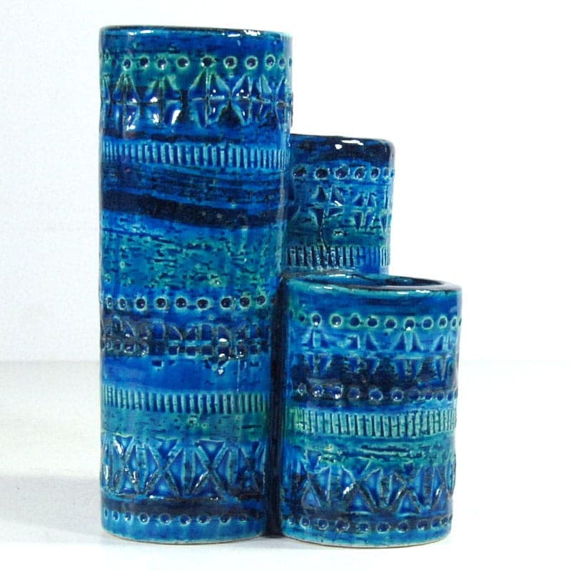 Triple Vase Rimini Blue, blue ceramic, by A. Londi, Bitossi, Italy, 1960s. - 324499