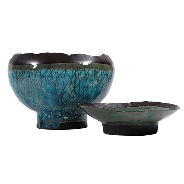 Pair of bowls, ceramic turquoise brown black, by J. Wysocka Panasiewicz, Poland, 21st c. - DIMENSION
