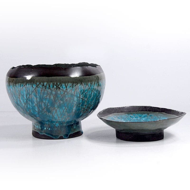 Pair of bowls, ceramic turquoise brown black, by J. Wysocka Panasiewicz, Poland, 21st c. - 324468