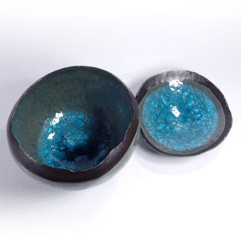 Pair of bowls, ceramic turquoise brown black, by J. Wysocka Panasiewicz, Poland, 21st c. - 324470