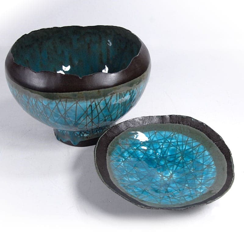 Pair of bowls, ceramic turquoise brown black, by J. Wysocka Panasiewicz, Poland, 21st c. - 324467