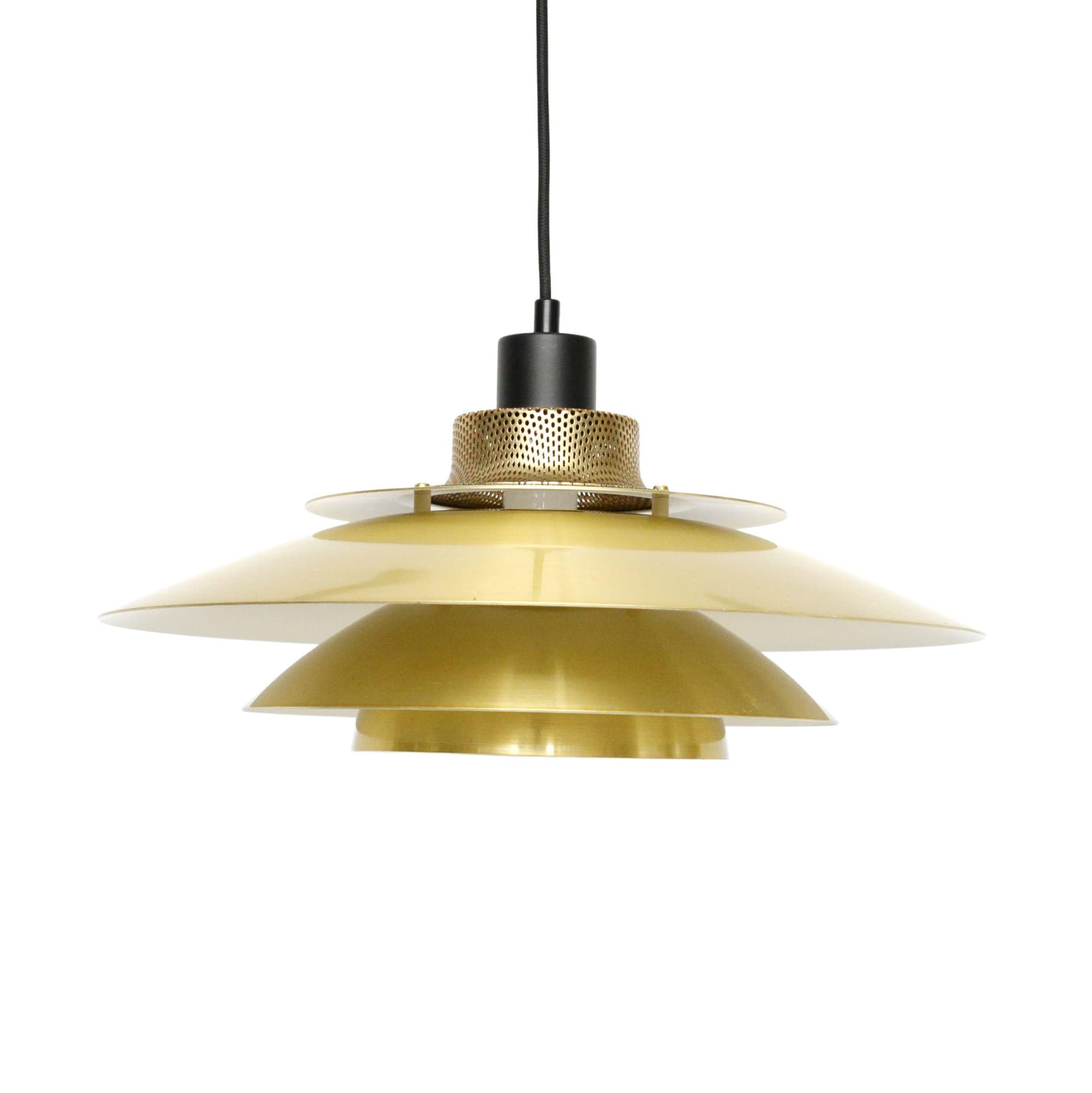 Pendant lamp, gold, black metal, Denmark, 1970s.