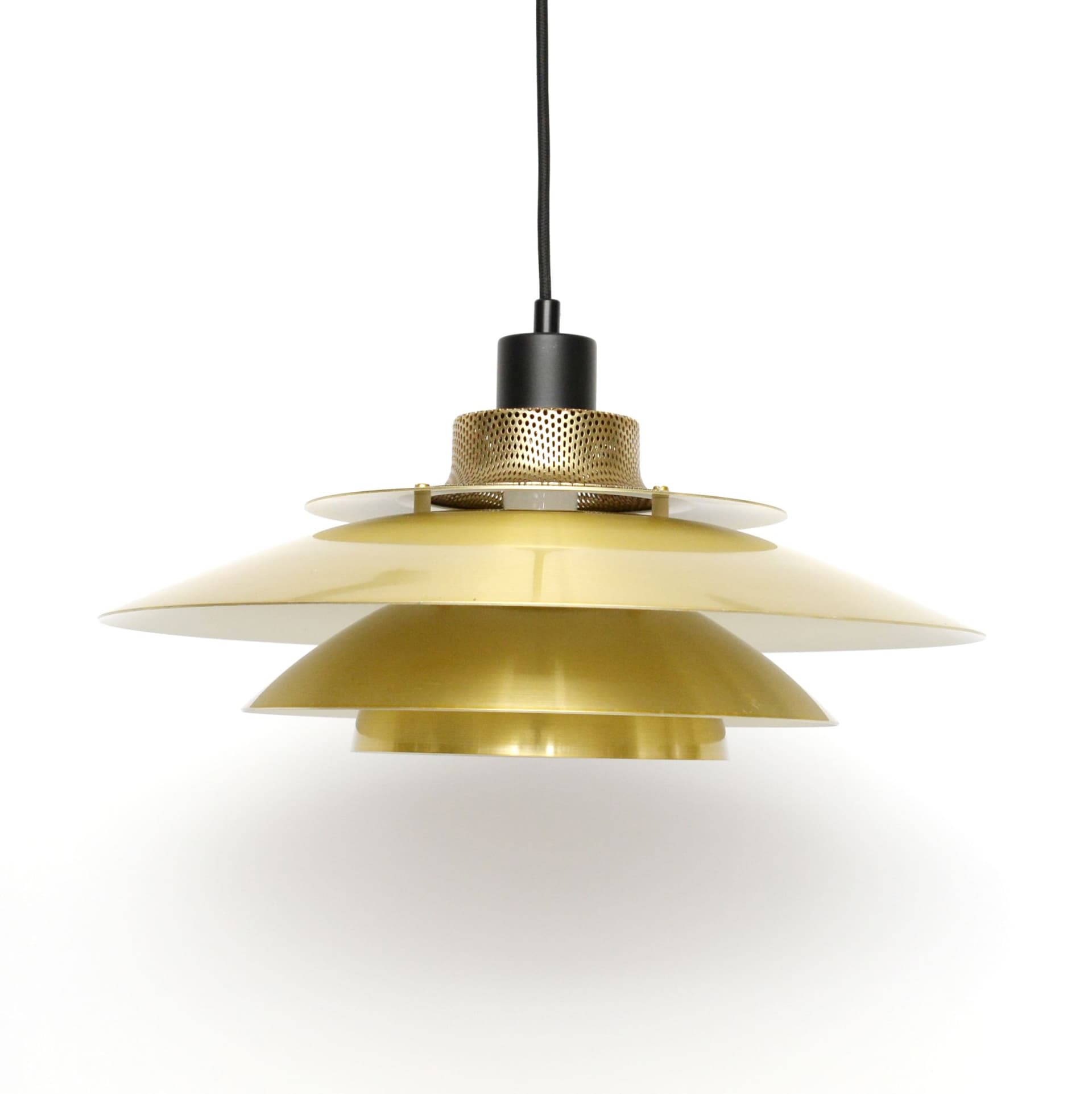 Pendant lamp, gold, black metal, Denmark, 1970s. - 324178