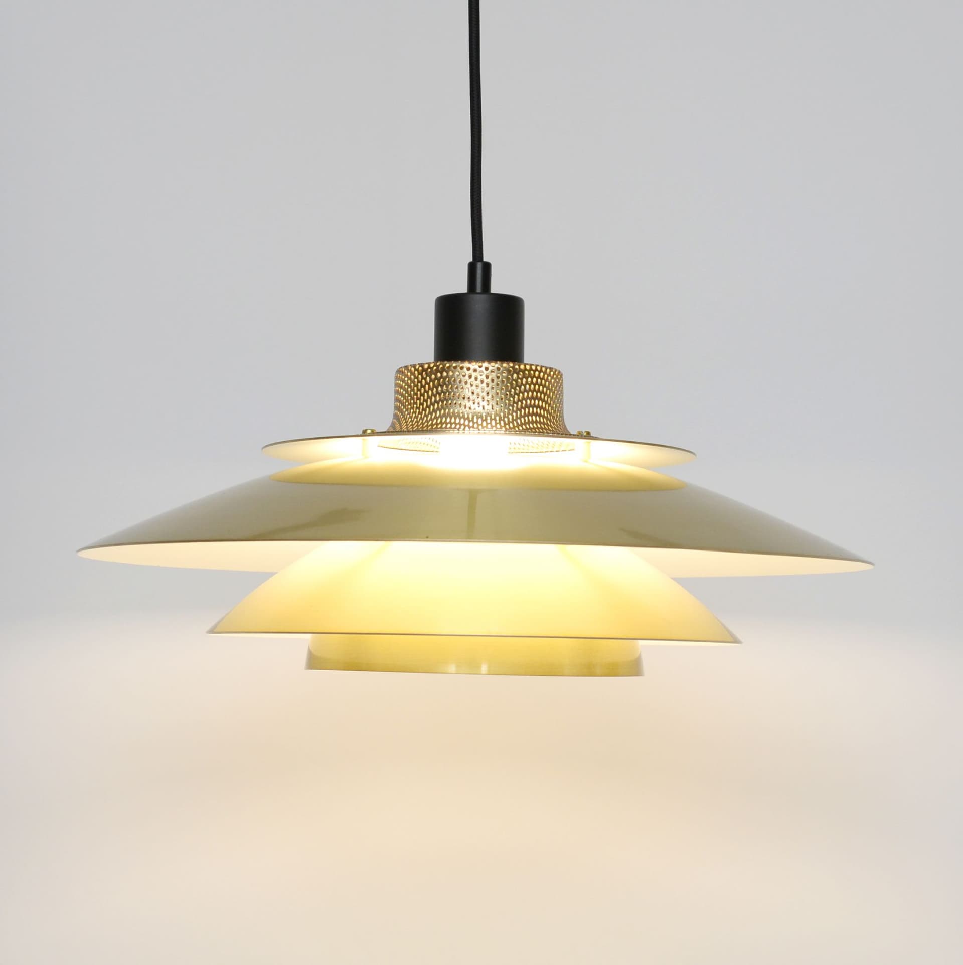 Pendant lamp, gold, black metal, Denmark, 1970s. - 324179