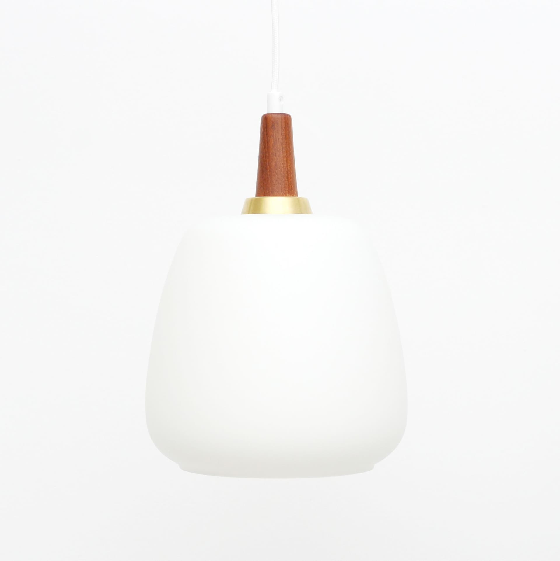 Pendant lamp, japandi, white glass, brown teak, Denmark, 1960s. - 324206