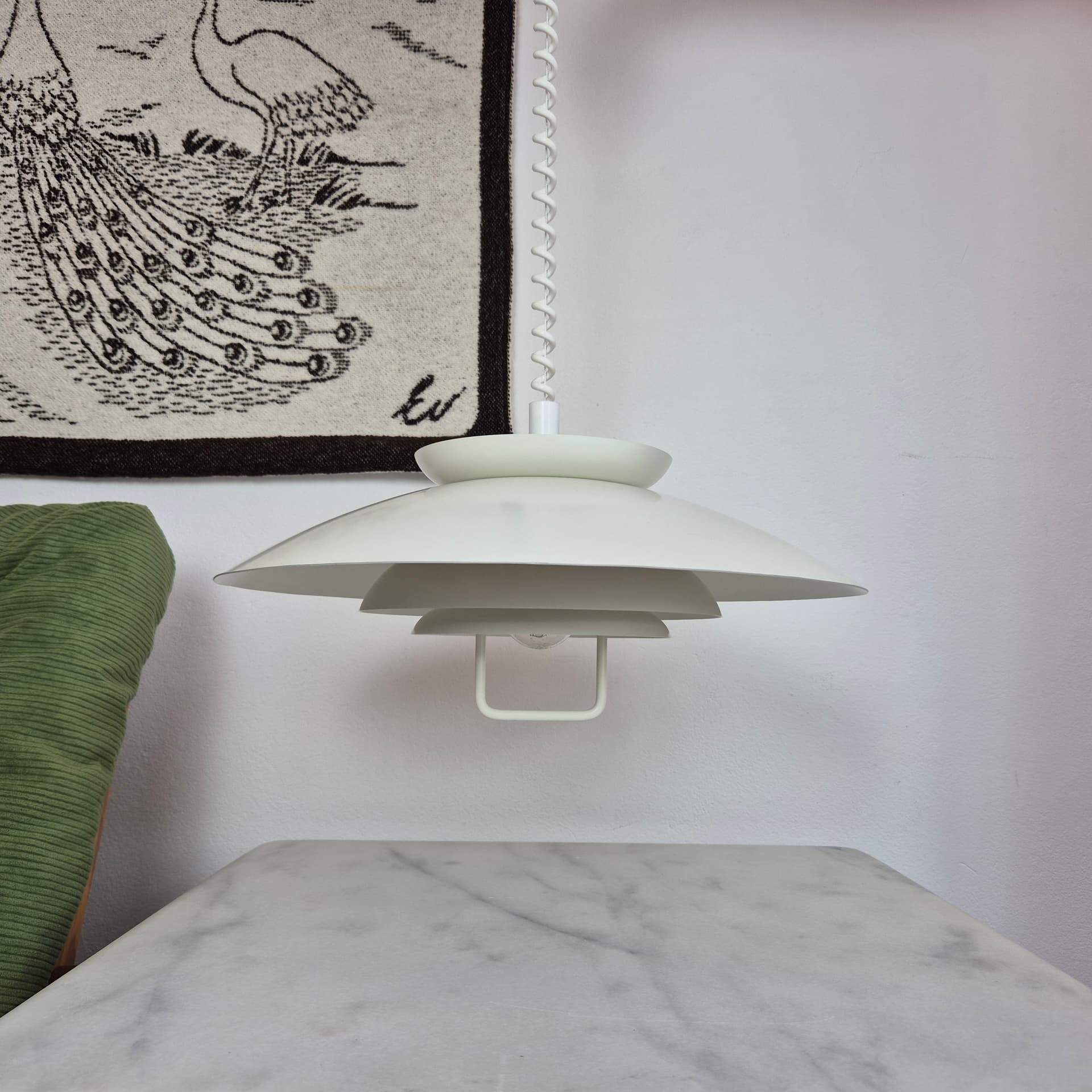 Lampa wisząca piętrowa, biała kremowa, metal, Dania, lata 60. - 324234