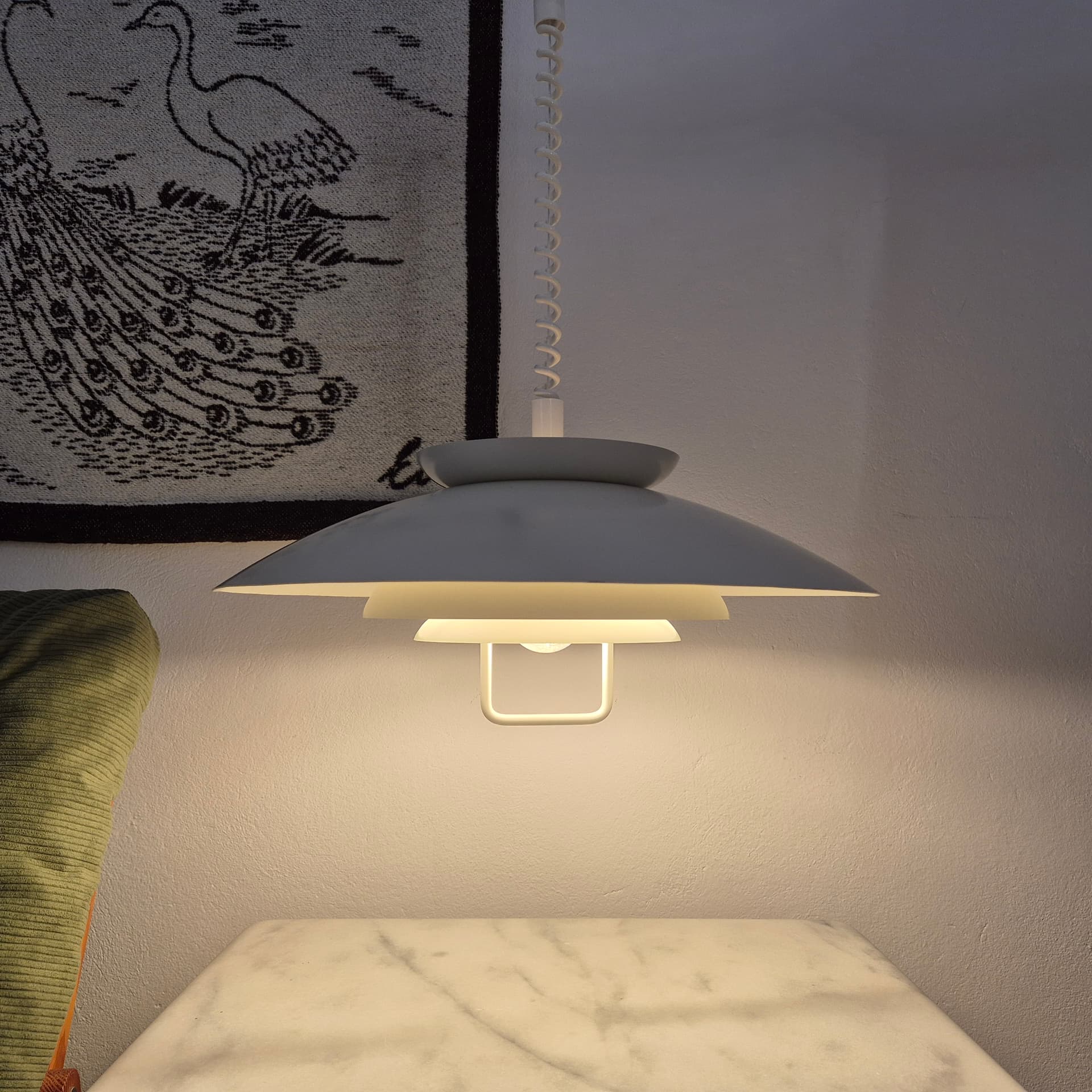 Lampa wisząca piętrowa, biała kremowa, metal, Dania, lata 60. - 324244