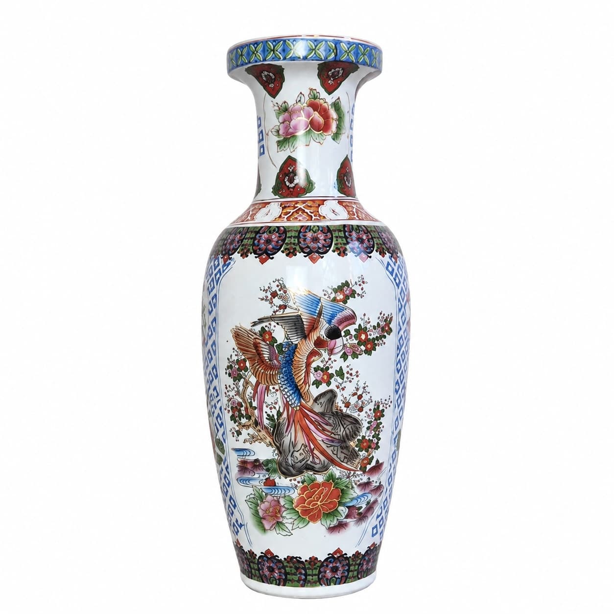 Decorative vase, paradise bird motif, white multicolor porcelain, China, 1980s.