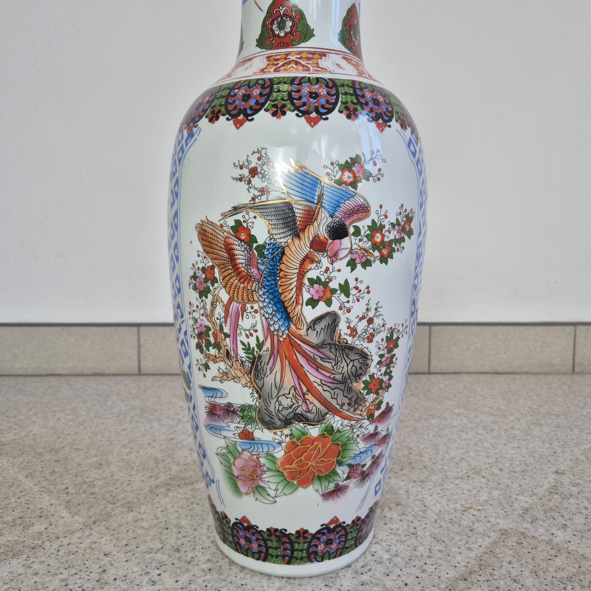 Decorative vase, paradise bird motif, white multicolor porcelain, China, 1980s. - 324357