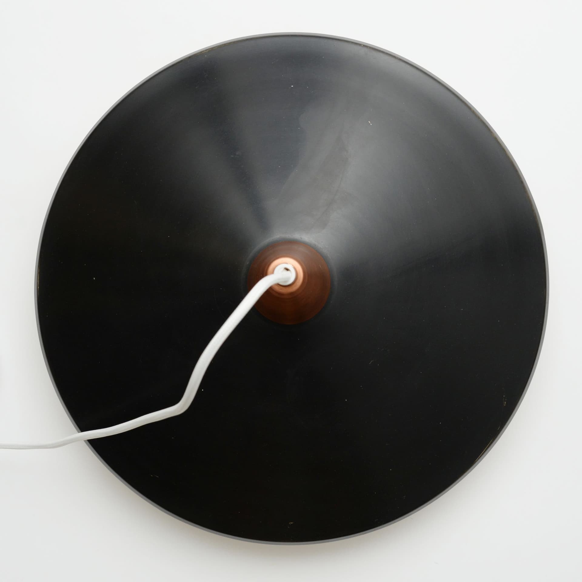 Pendant lamp, black metal, copper, glass, Denmark, 1970s. - 324751