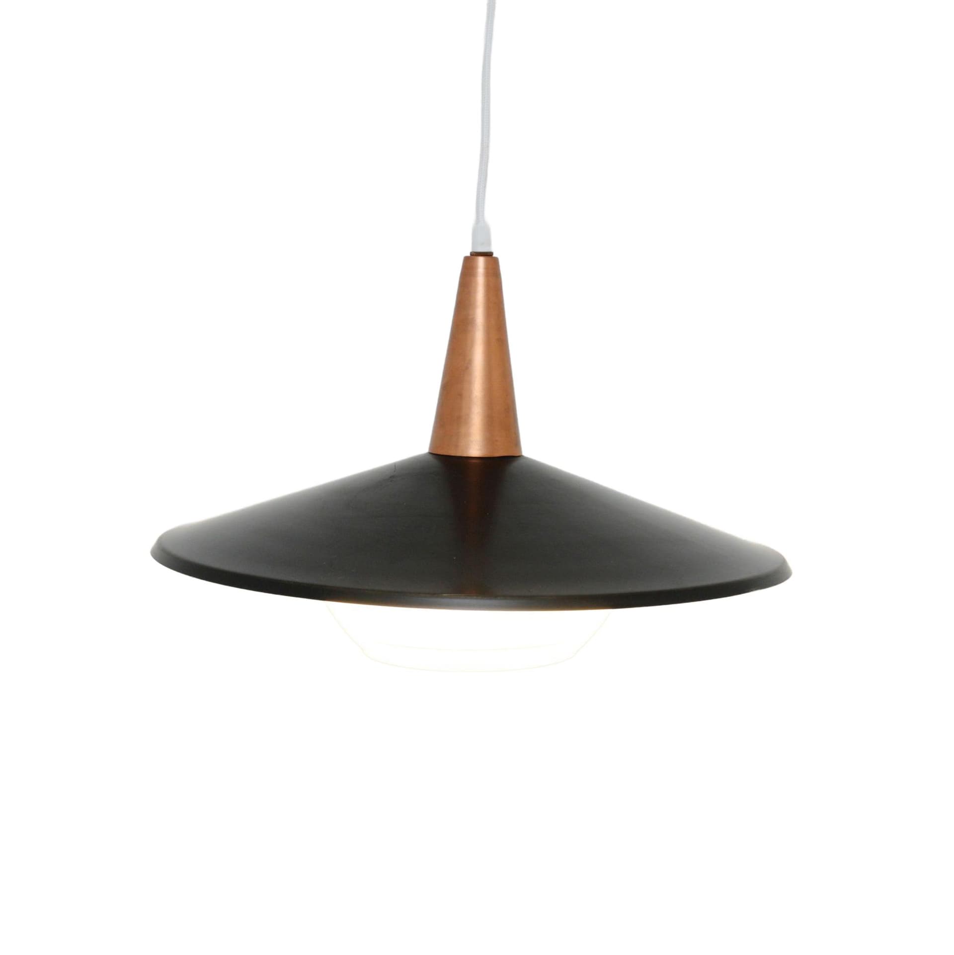 Pendant lamp, black metal, copper, glass, Denmark, 1970s.