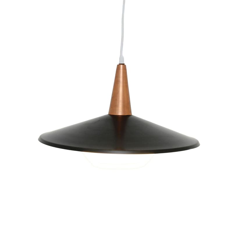 Pendant lamp, black metal, copper, glass, Denmark, 1970s.
