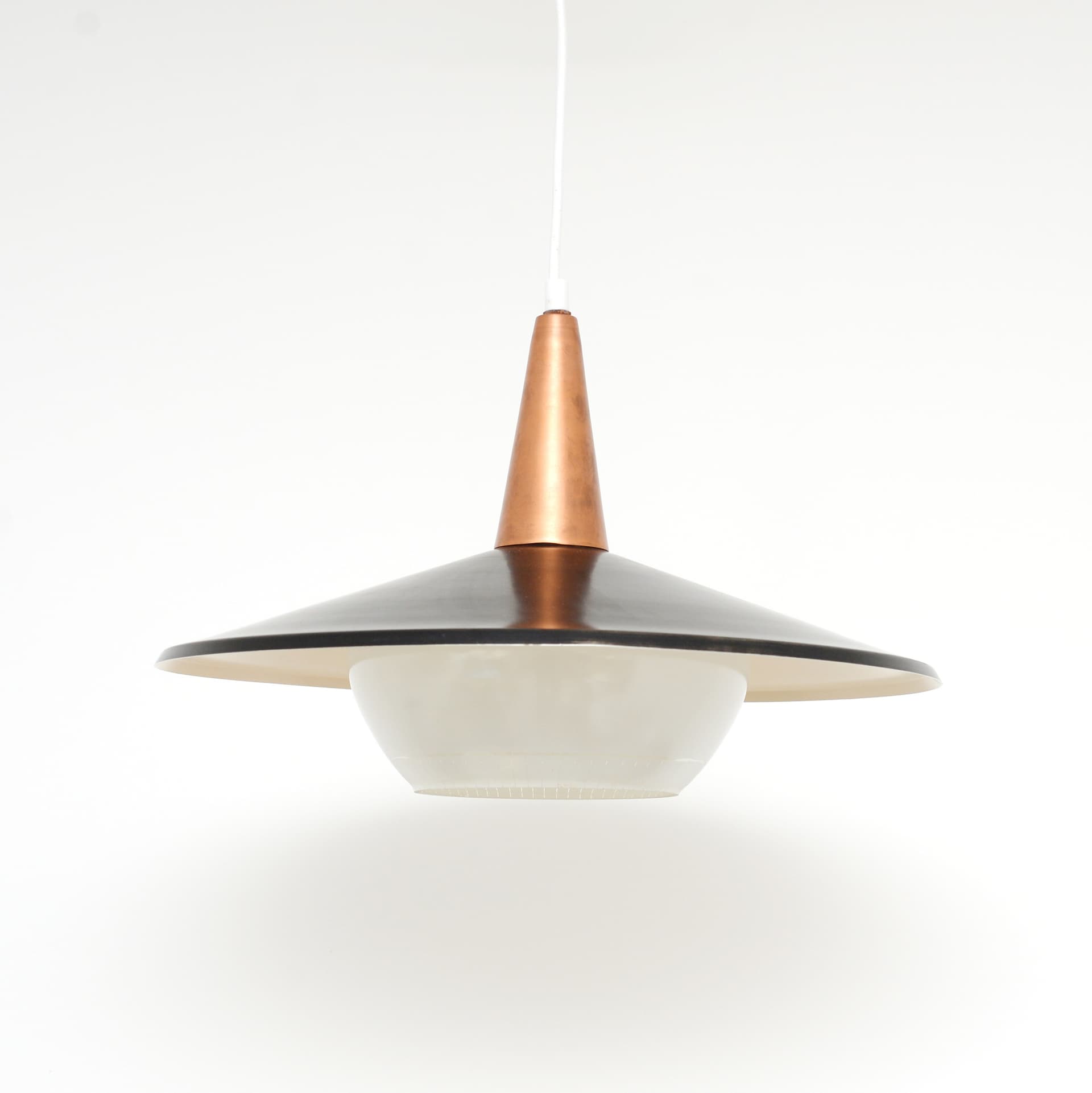 Pendant lamp, black metal, copper, glass, Denmark, 1970s. - 324756