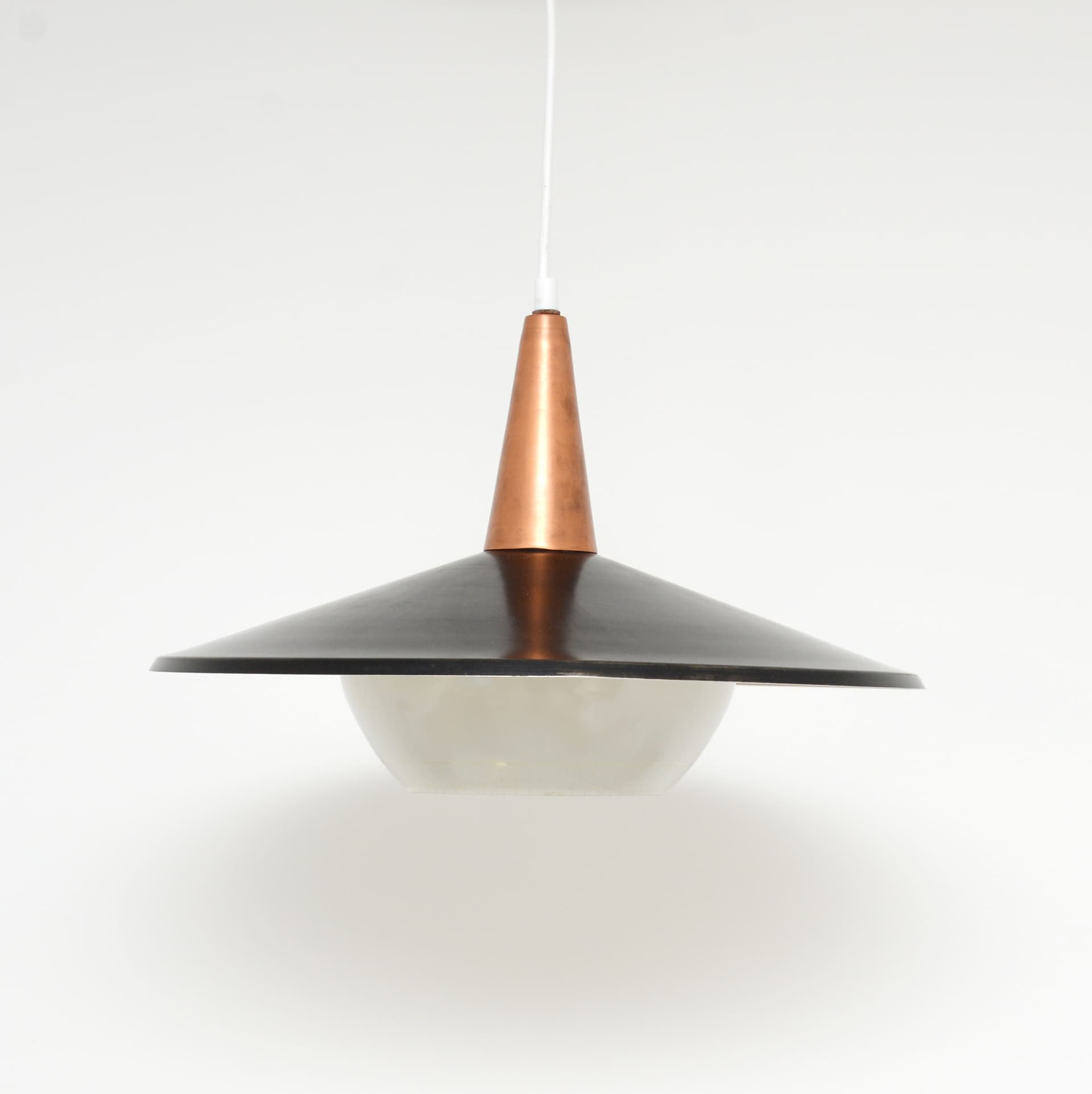 Pendant lamp, black metal, copper, glass, Denmark, 1970s. - 324754