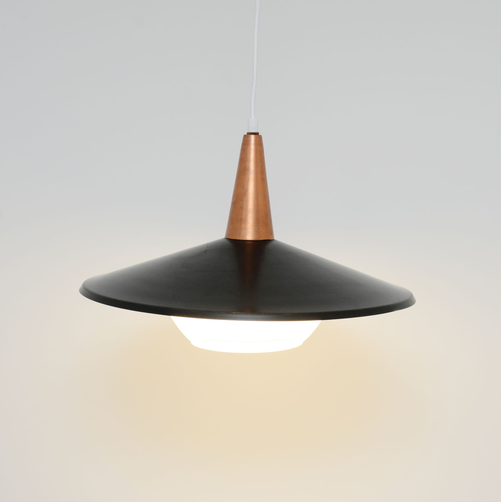 Pendant lamp, black metal, copper, glass, Denmark, 1970s. - 324748