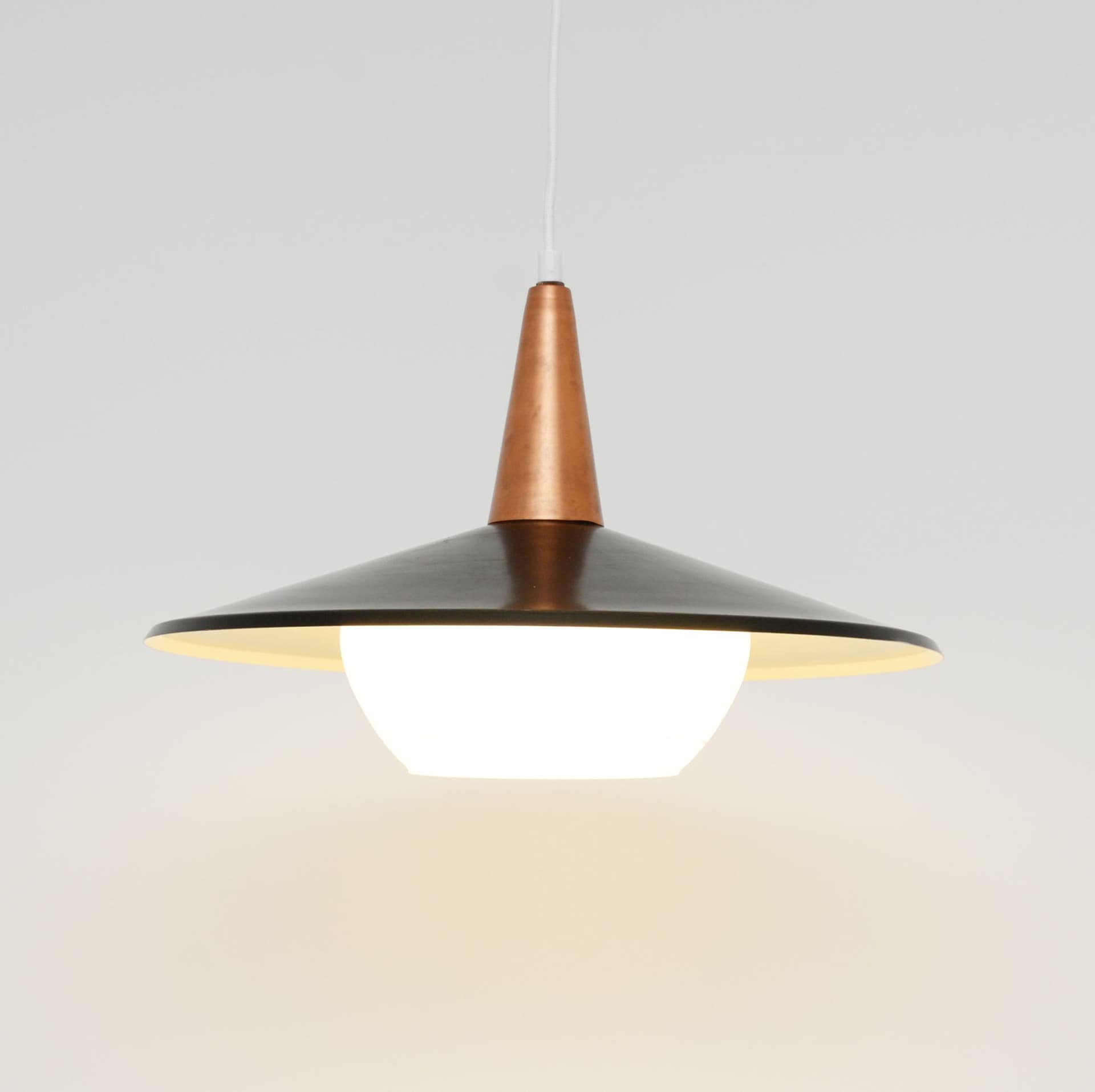 Pendant lamp, black metal, copper, glass, Denmark, 1970s. - 324750