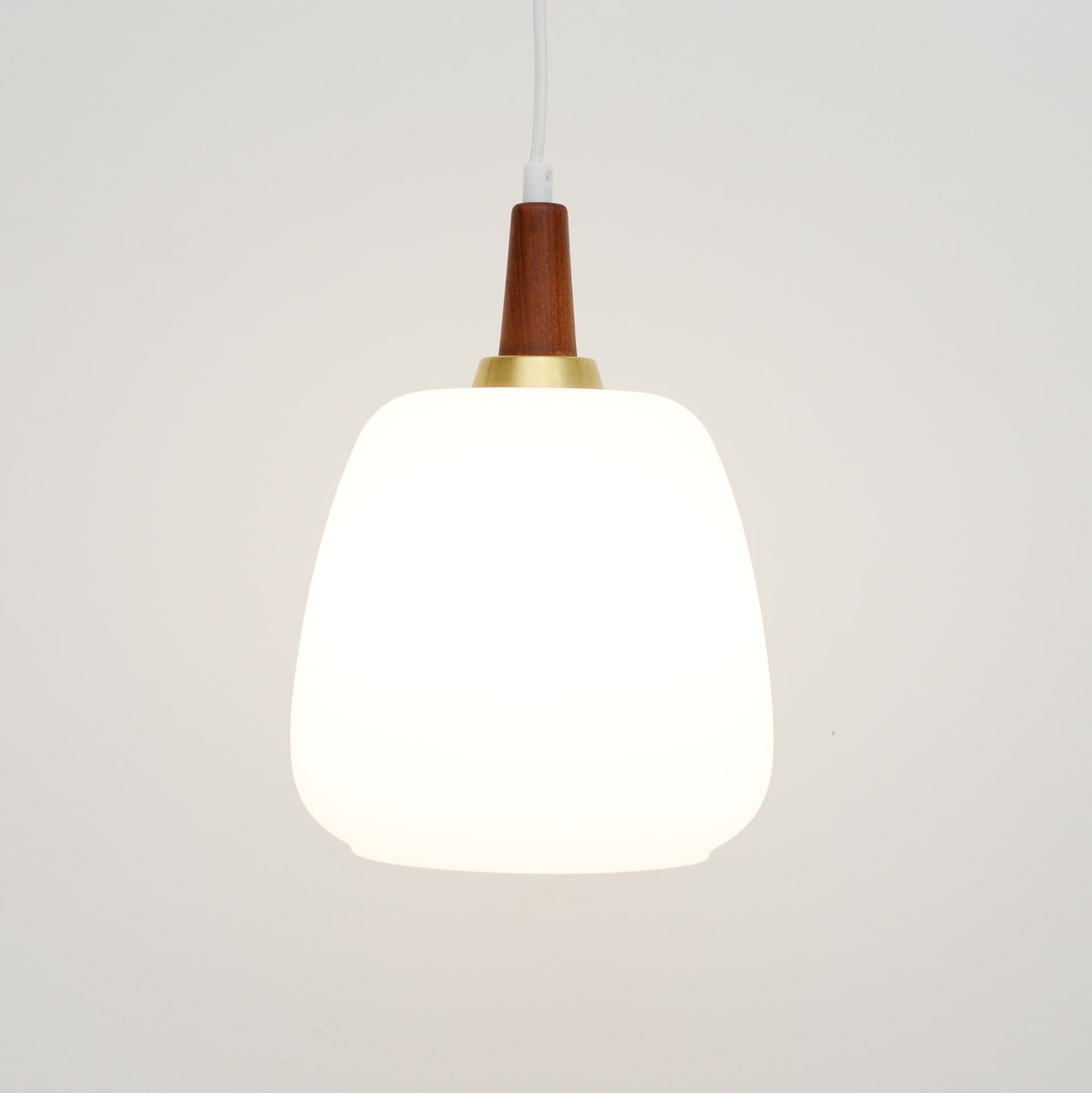 Pendant lamp japandi, white glass, brown teak, Denmark, 1960s. - 324809