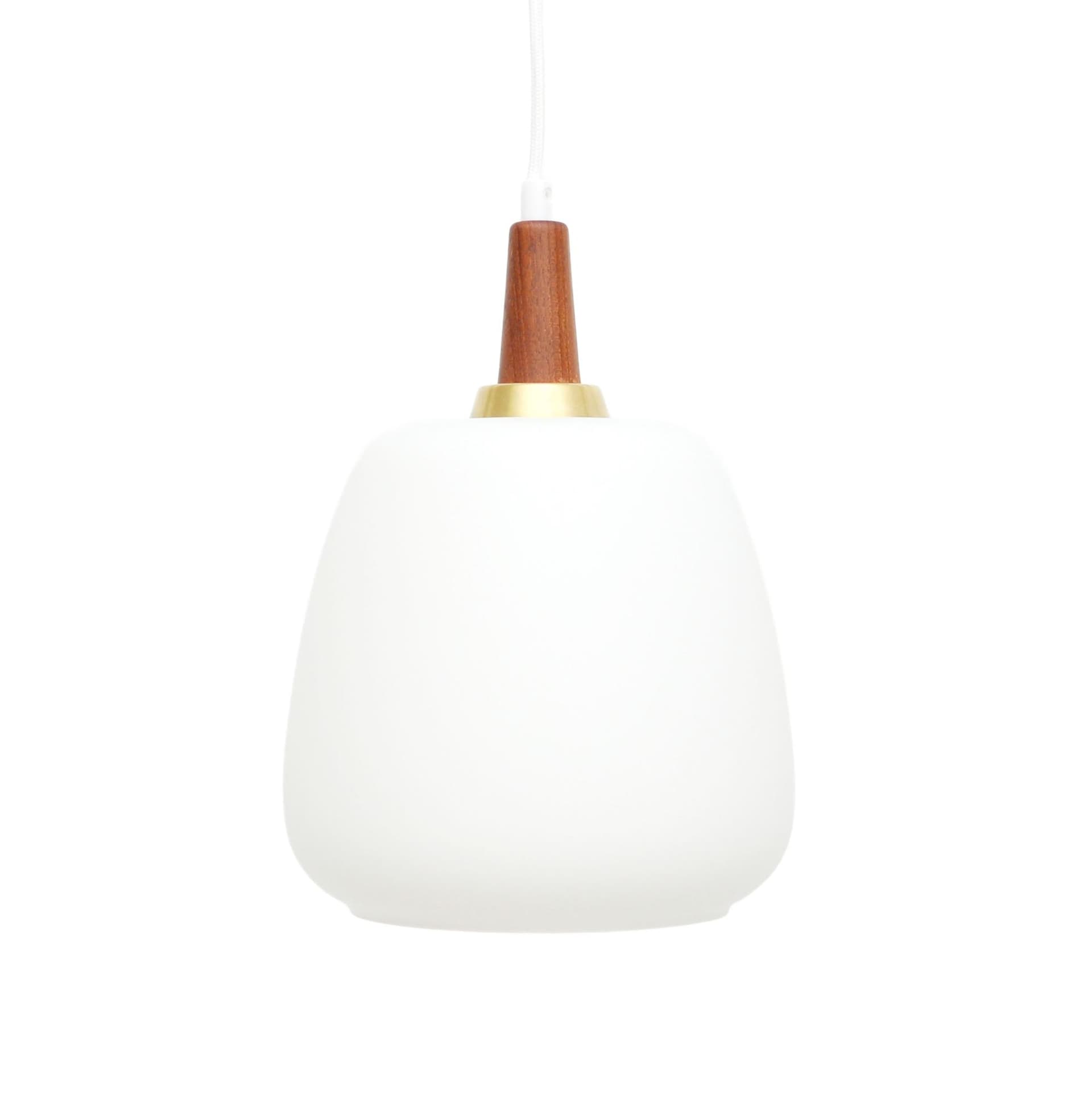 Pendant lamp japandi, white glass, brown teak, Denmark, 1960s.