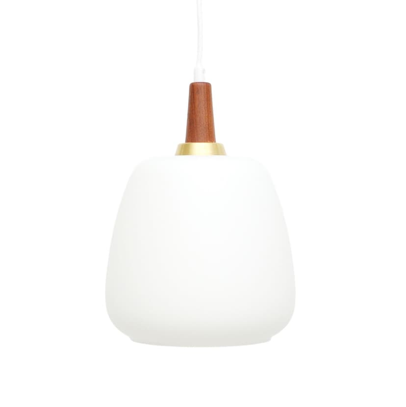 Pendant lamp japandi, white glass, brown teak, Denmark, 1960s.