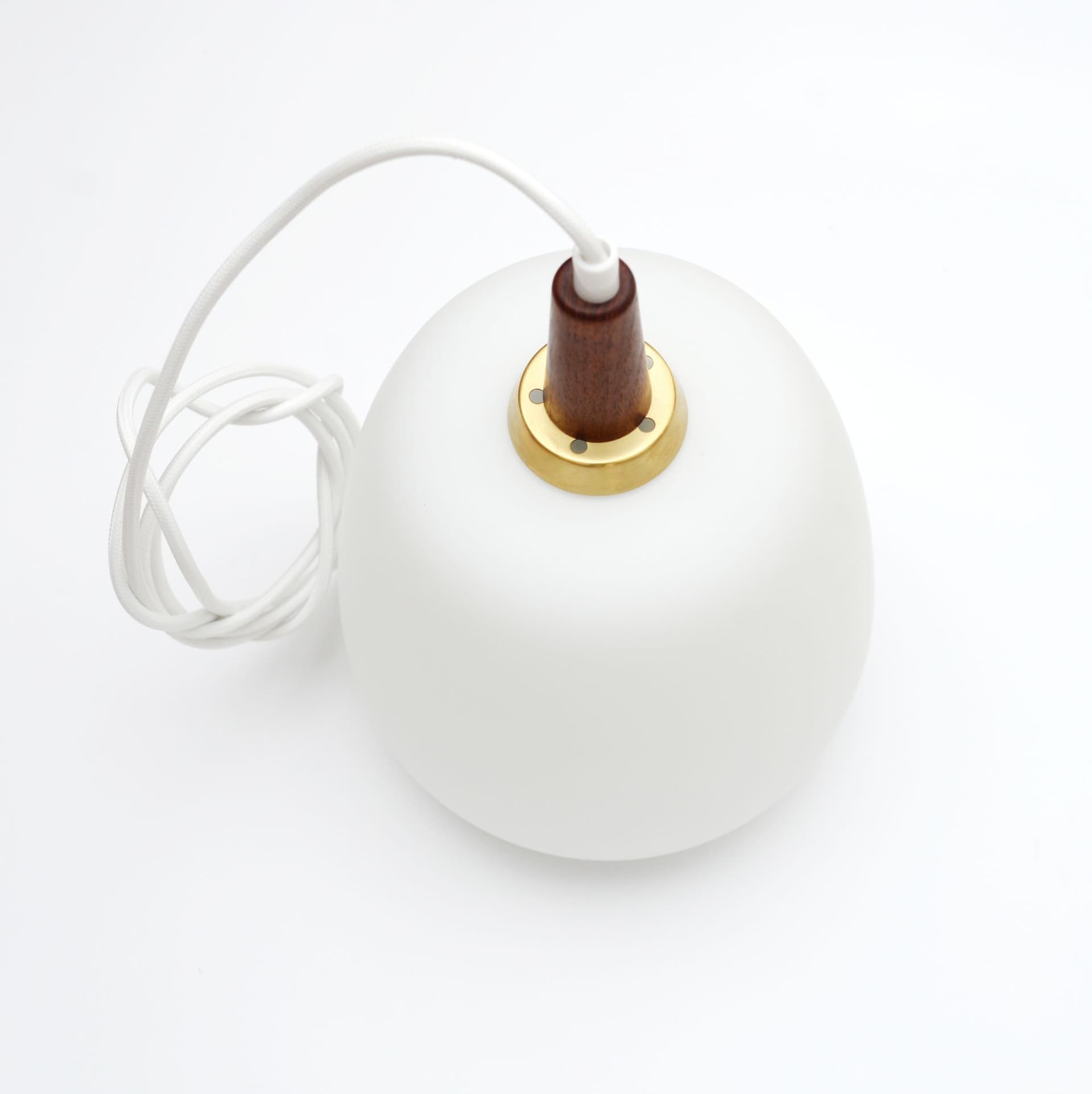 Pendant lamp japandi, white glass, brown teak, Denmark, 1960s. - 324806