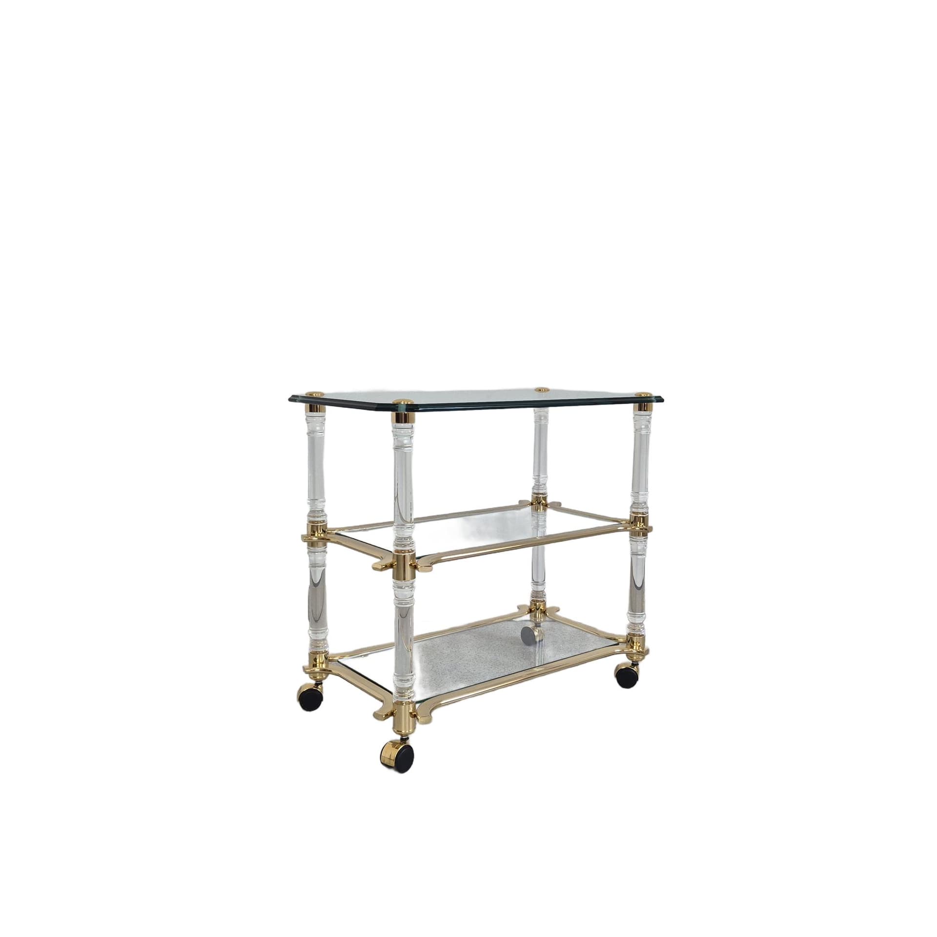 Bar Cart Hollywood Regency, transparent glass, transparent acrylic, gold-plated metal, Italy, 1960s.