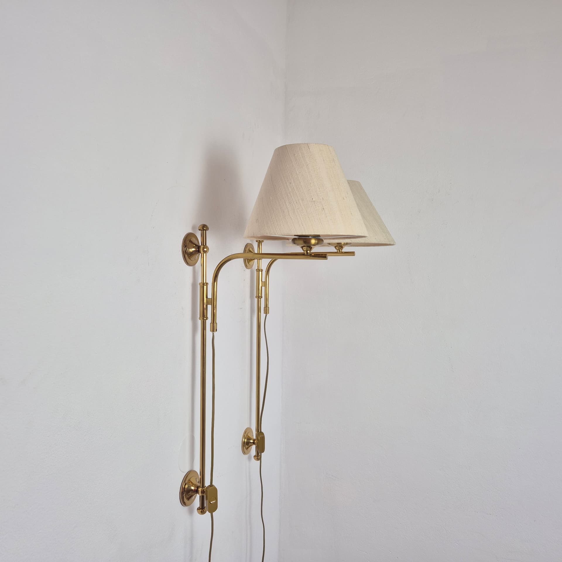 Para lamp ściennych, mosiądz złoty, bawełna beżowa, Niemcy, lata 80. - 324892