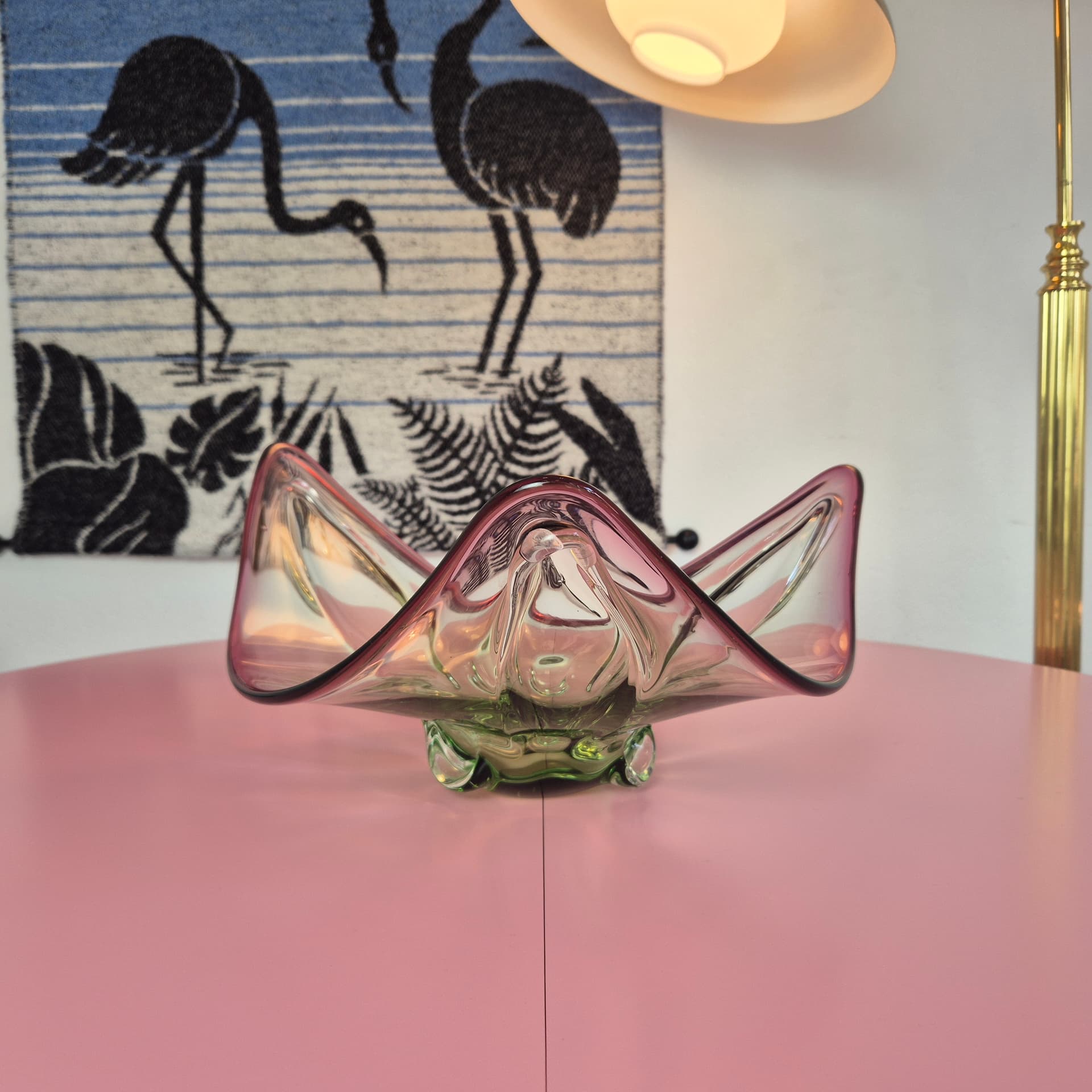 Decorative bowl, glass transparent pink with green, France, 1960s. - 324924