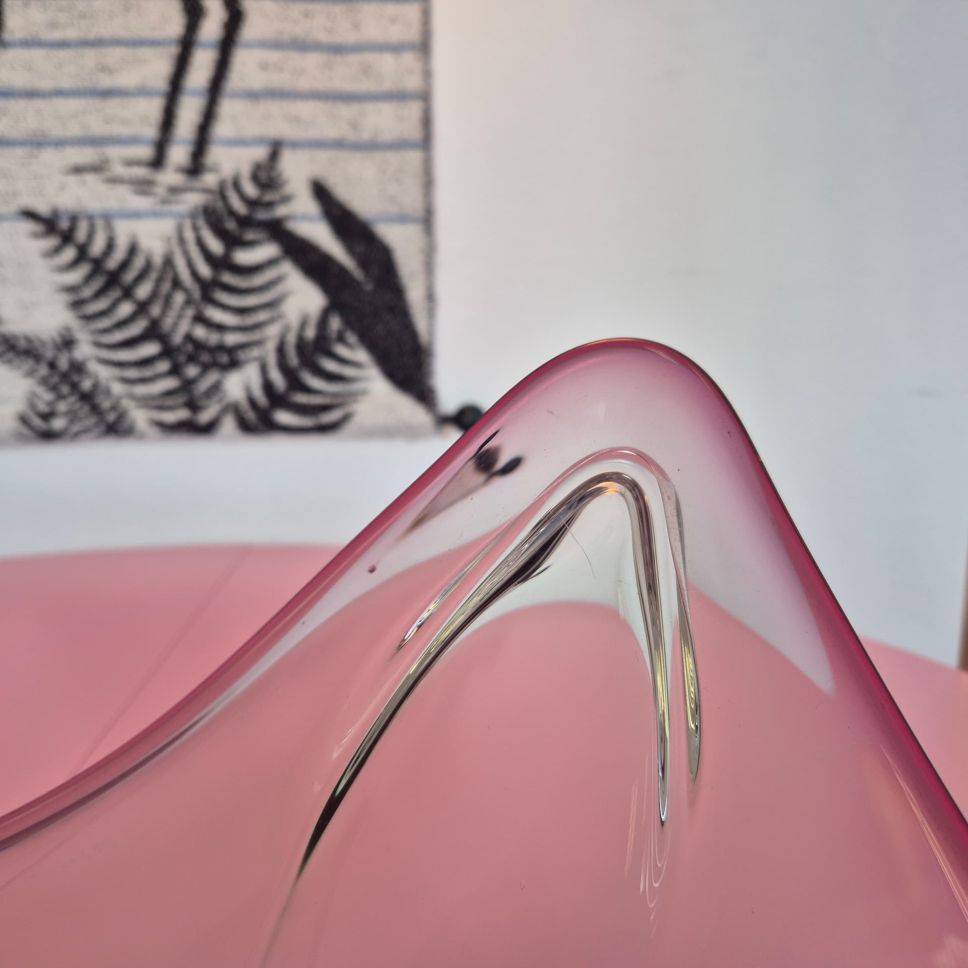 Decorative bowl, glass transparent pink with green, France, 1960s. - 324921