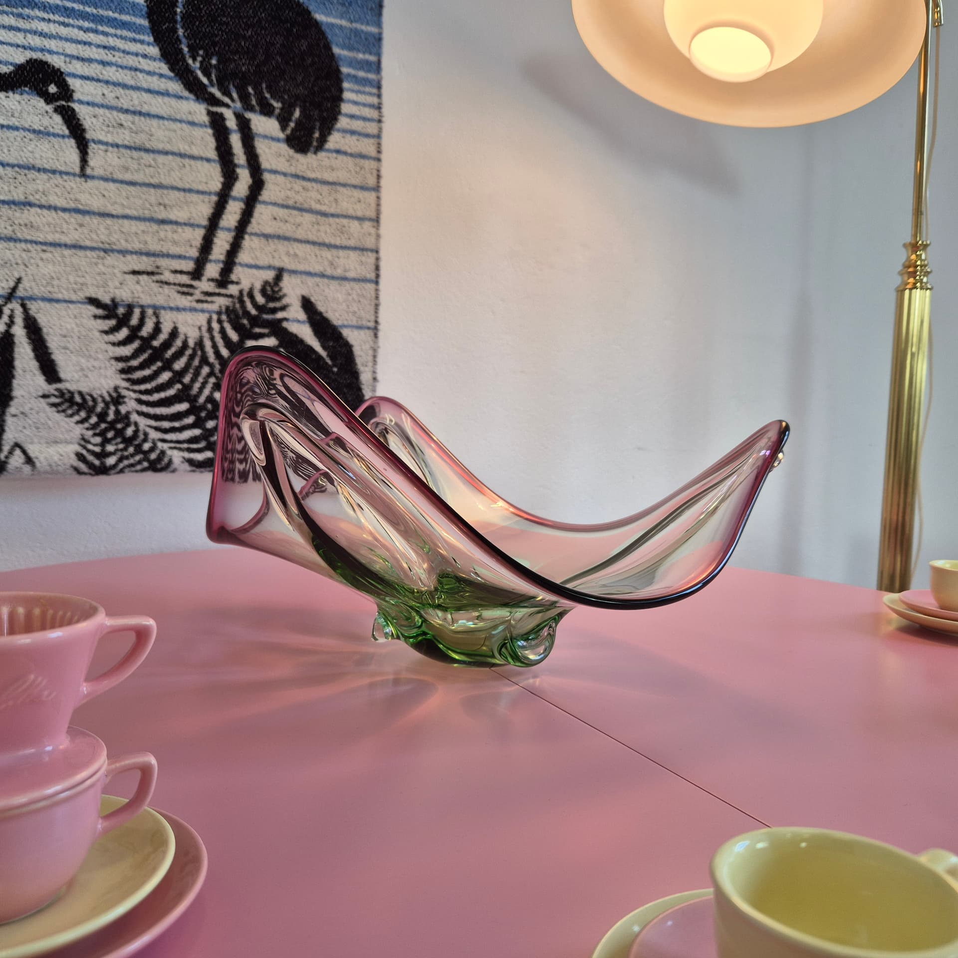 Decorative bowl, glass transparent pink with green, France, 1960s. - 324918