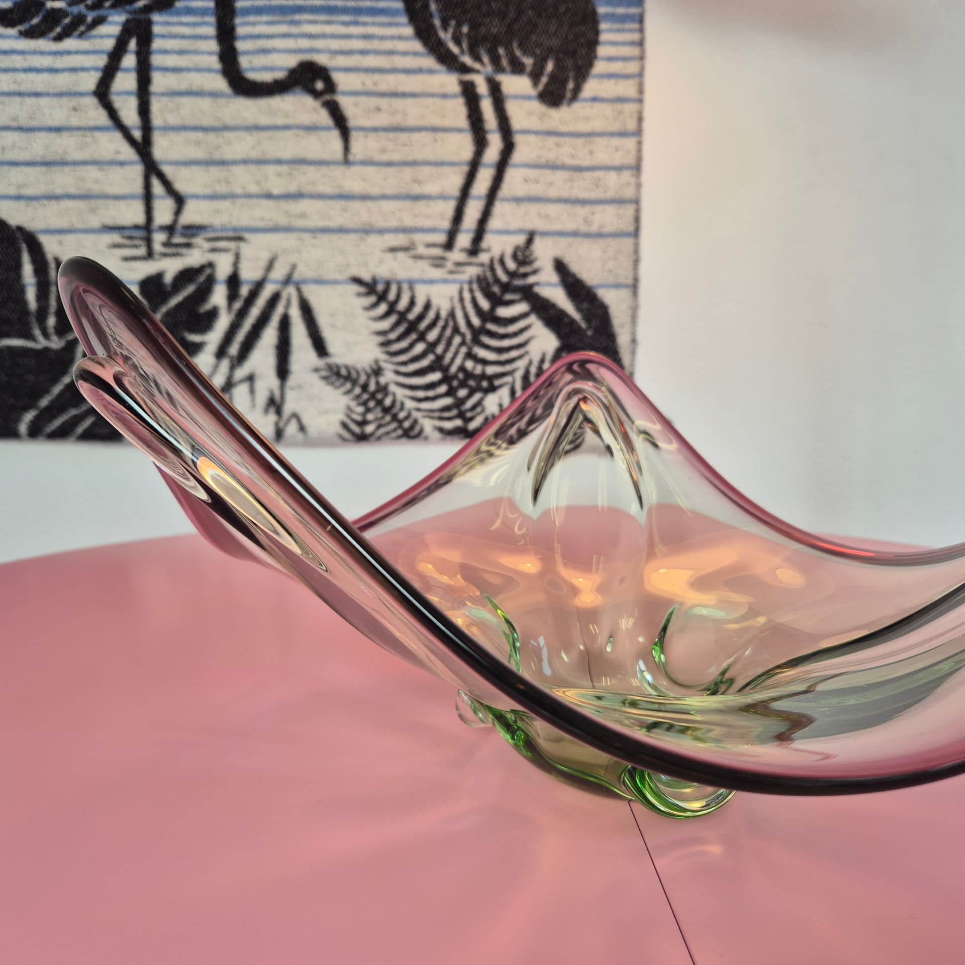 Decorative bowl, glass transparent pink with green, France, 1960s. - 324920