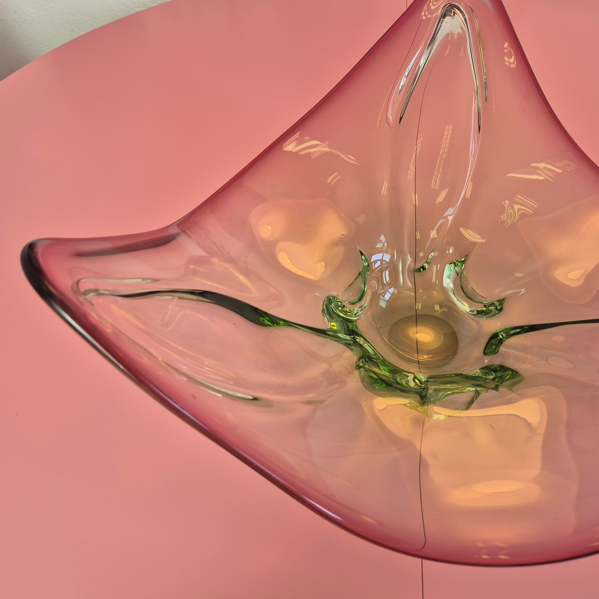 Decorative bowl, glass transparent pink with green, France, 1960s. - 324919
