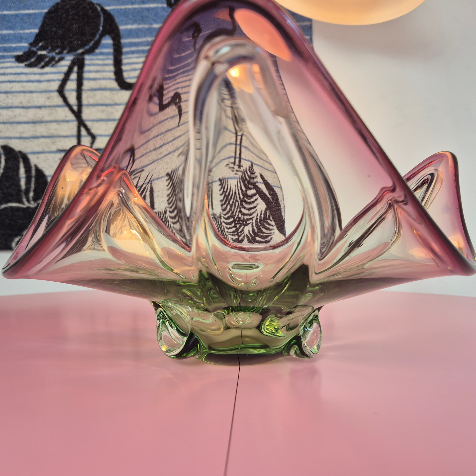 Decorative bowl, glass transparent pink with green, France, 1960s. - 324926