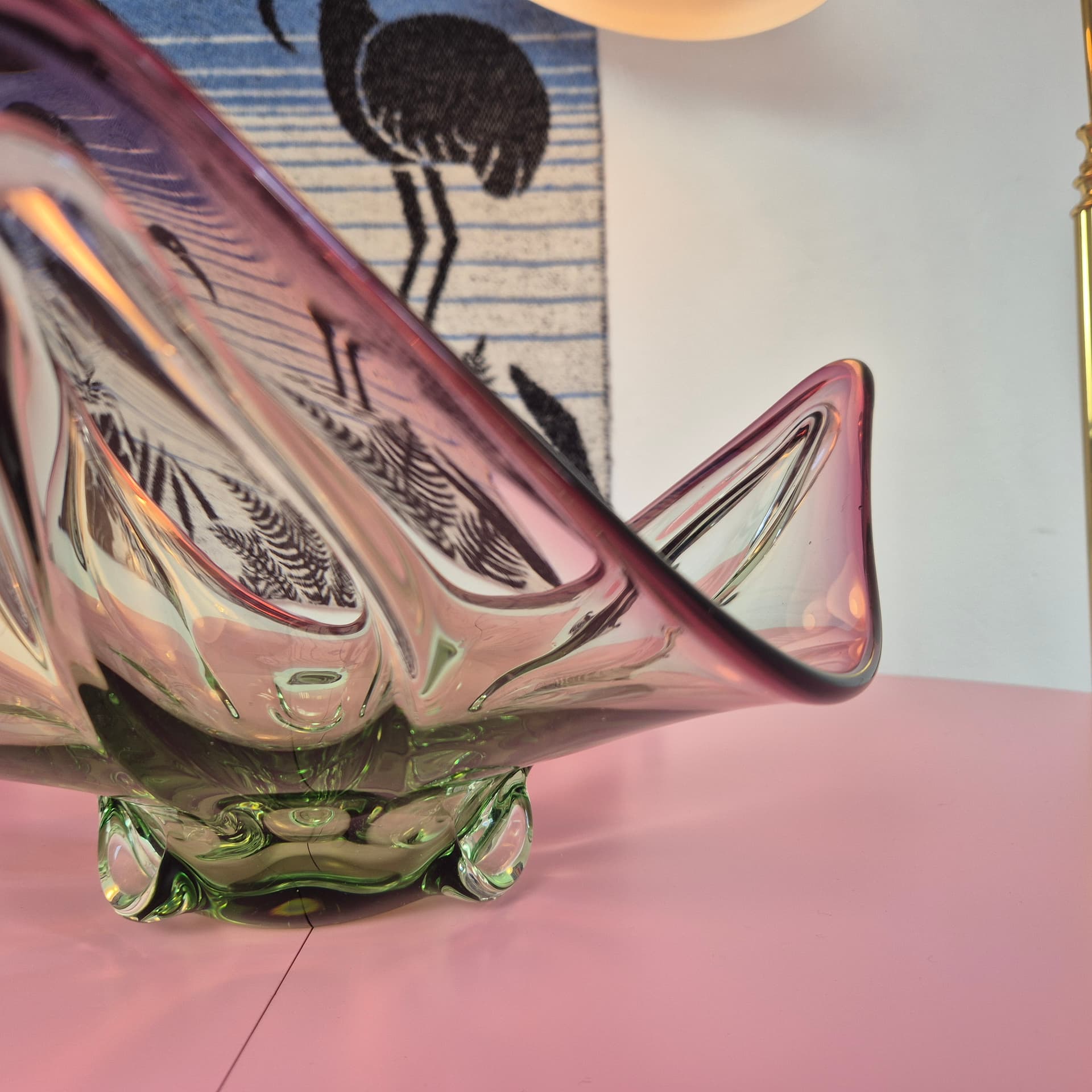 Decorative bowl, glass transparent pink with green, France, 1960s. - 324927