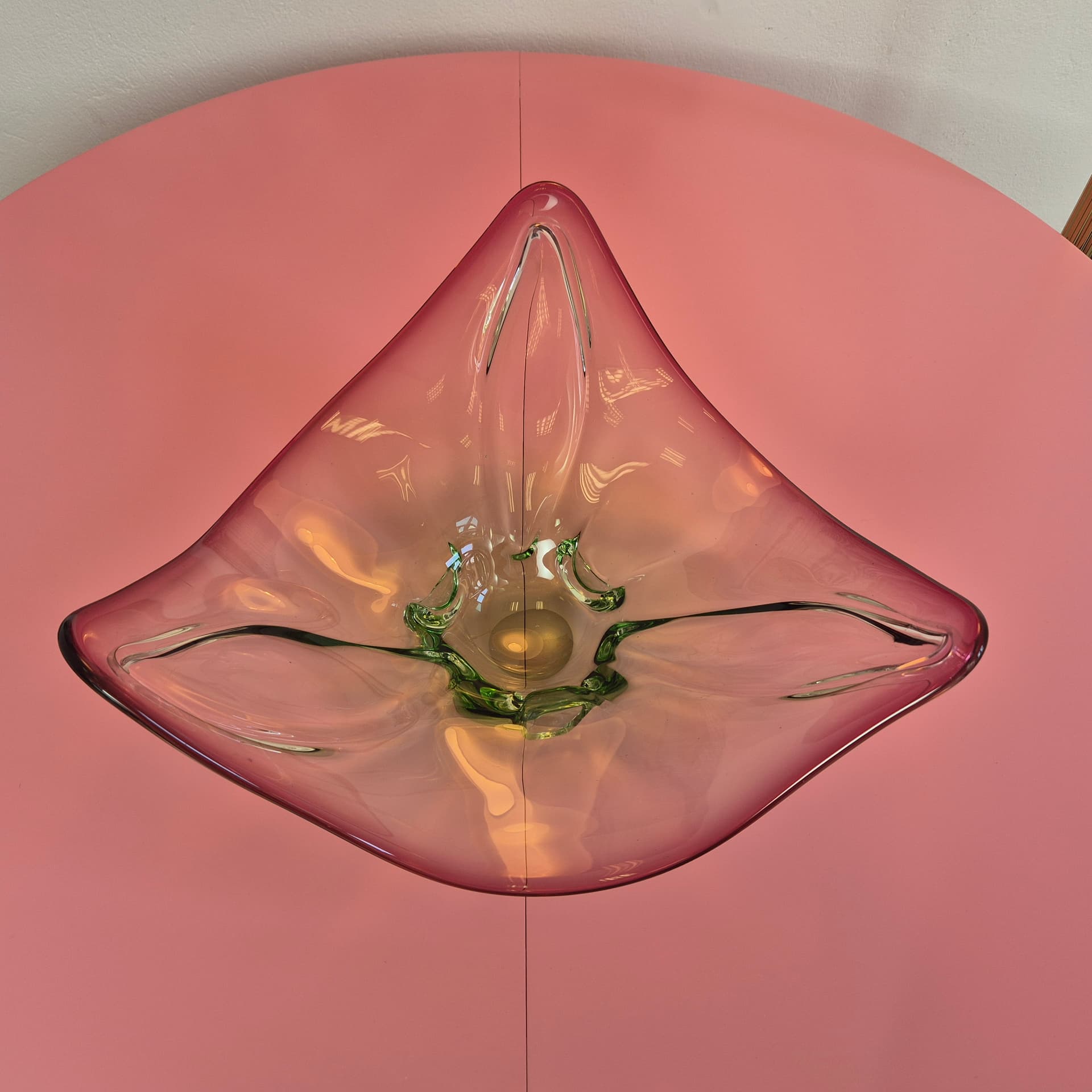 Decorative bowl, glass transparent pink with green, France, 1960s. - 324922
